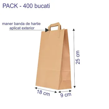 Sacosa hartie kraft natur, mâner plat, 18x9x25 cm