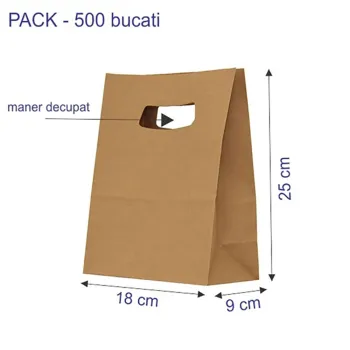 Sacosa hartie kraft natur, mâner decupat, 18x9x25 cm