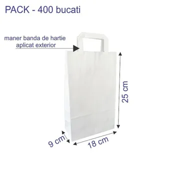 Sacosa hartie kraft alba mâner plat, 18x9x25 cm
