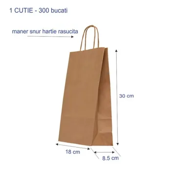 Sacosa hartie kraft natur mâner rasucit, 18x8.5x30 cm