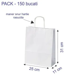 Sacosa hartie kraft alb mâner rasucit 25x11x31 cm
