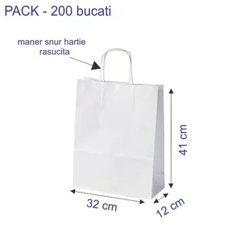 Sacosa hartie kraft alb mâner rasucit, 32x12x41cm