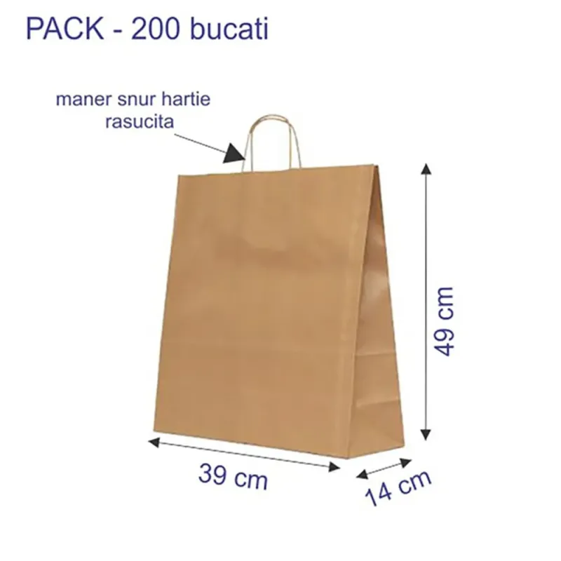 Sacosa hartie kraft natur cu maner rasucit, 39x14x49 cm