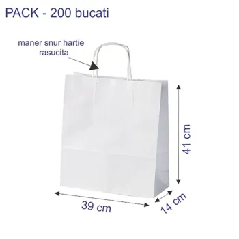Sacosa hârtie kraft albă maner rasucit, 39x14x41 cm