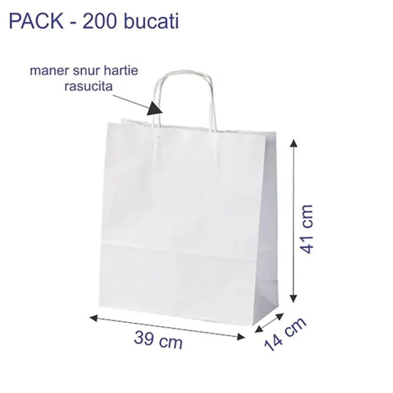 Sacosa hârtie kraft albă maner rasucit, 39x14x41 cm