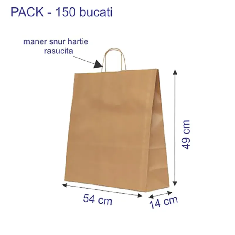 Sacosa hartie kraft natur, mâner rasucit, 54x14x49 cm