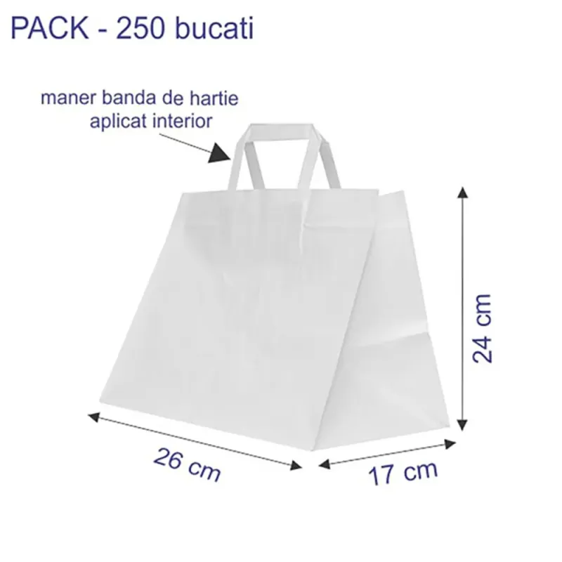 Sacosa hartie kraft alba, mâner plat, 26x17x26 cm