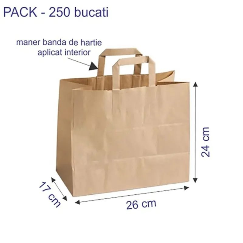 Sacosa hartie kraft natur mâner plat, 26x17x26 cm