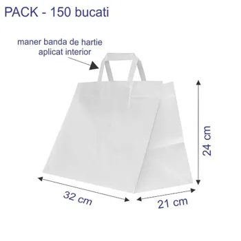 Sacosa hartie kraft alba, mâner plat, 32x21x24 cm