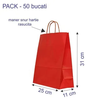 Sacosa colorata hartie rosie, mâner rasucit, 25x11x31 cm