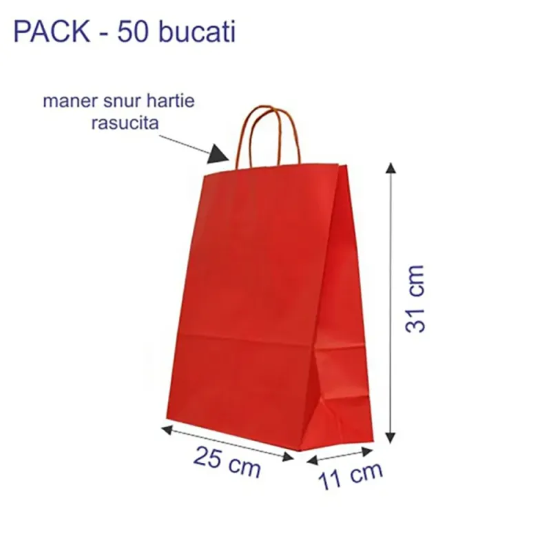 Sacosa colorata hartie rosie, mâner rasucit, 25x11x31 cm