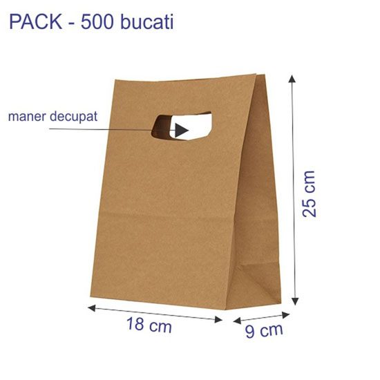 18 x 9 x 25 cm sacosa hartie kraft natur maner decupat, set 500 bucati