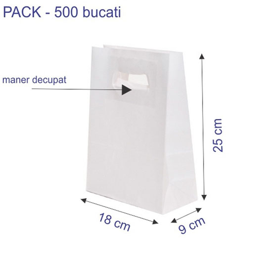 18 x 9 x 25 cm sacosa hartie kraft alb maner decupat, set 500 bucati