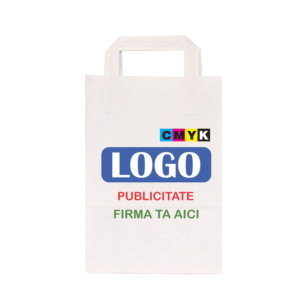Pungă Hârtie Kraft Albă cu Mâner Plat 18x9x25 cm - Personalizabilă