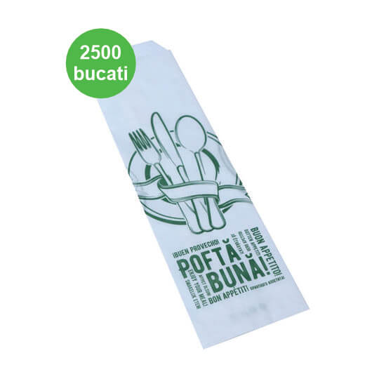 Pungă Tacâmuri Hârtie Albă Imprimată 7x25 cm